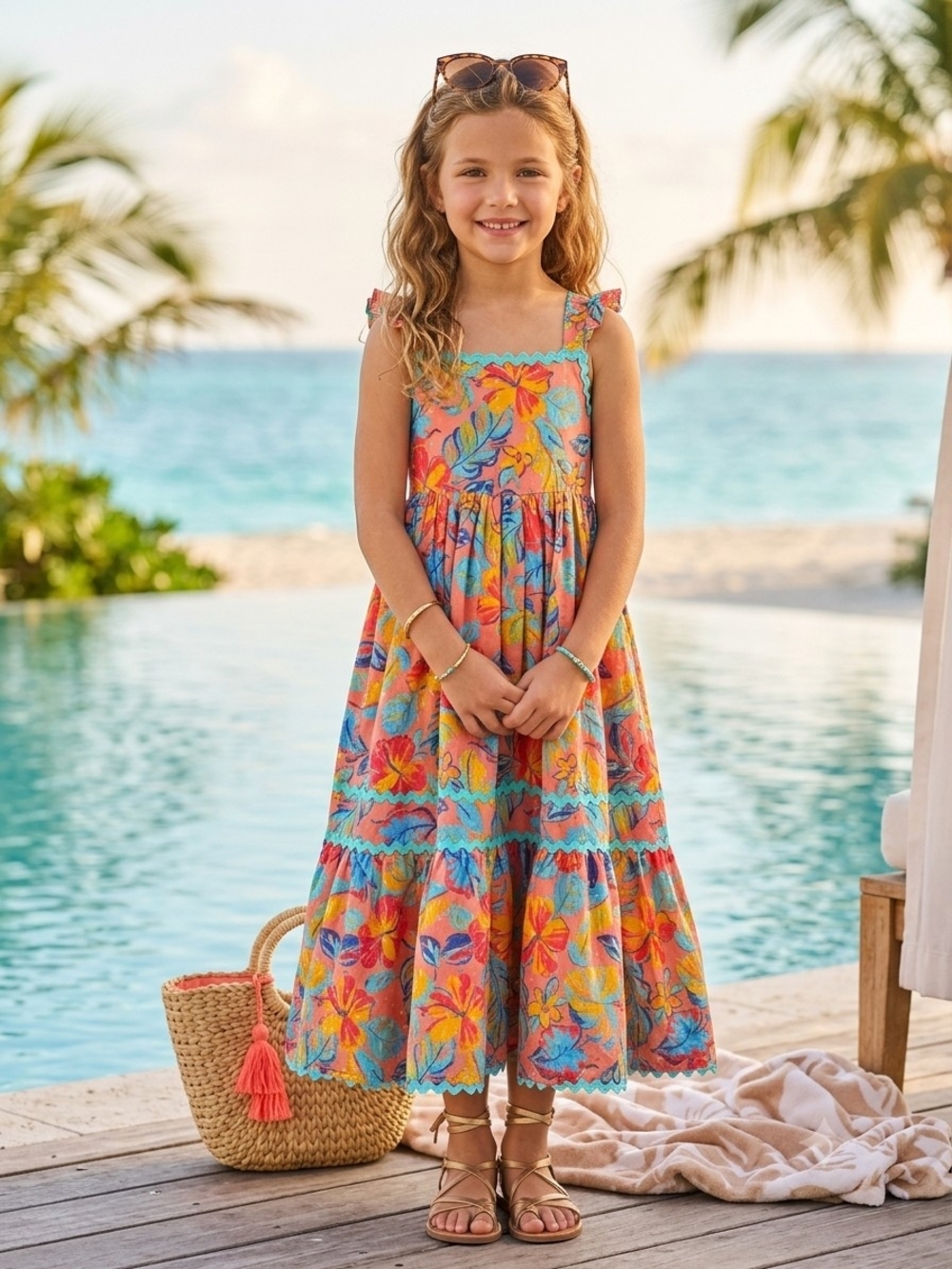 EttaVee Girls Vibrant Tropical Floral Ric-Rac Maxi Dress - Size 7 Like New